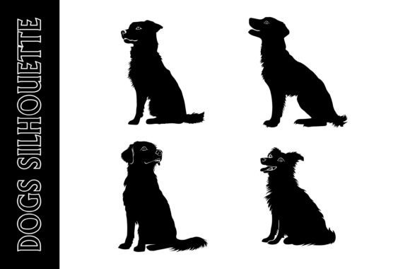 Four Silhouettes of Happy Dogs Sitting